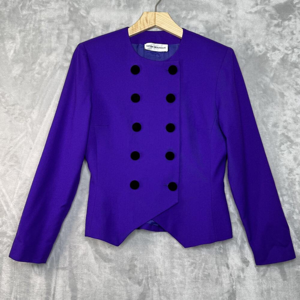 Vintage Nipon Boutique Blazer Womens 8 Purple Wool Double Breasted Made USA 80s